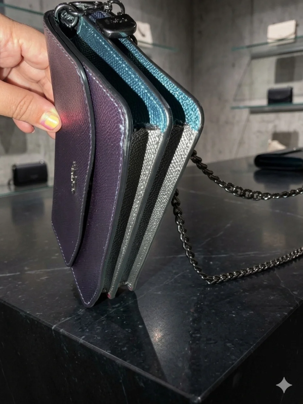Coach navy blue metallic Pebbled Leather Crossbody with Gunmetal Chain